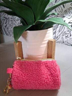 Packed Party Hot Pink Sherpa Keychain Pouch with Gold Hardware